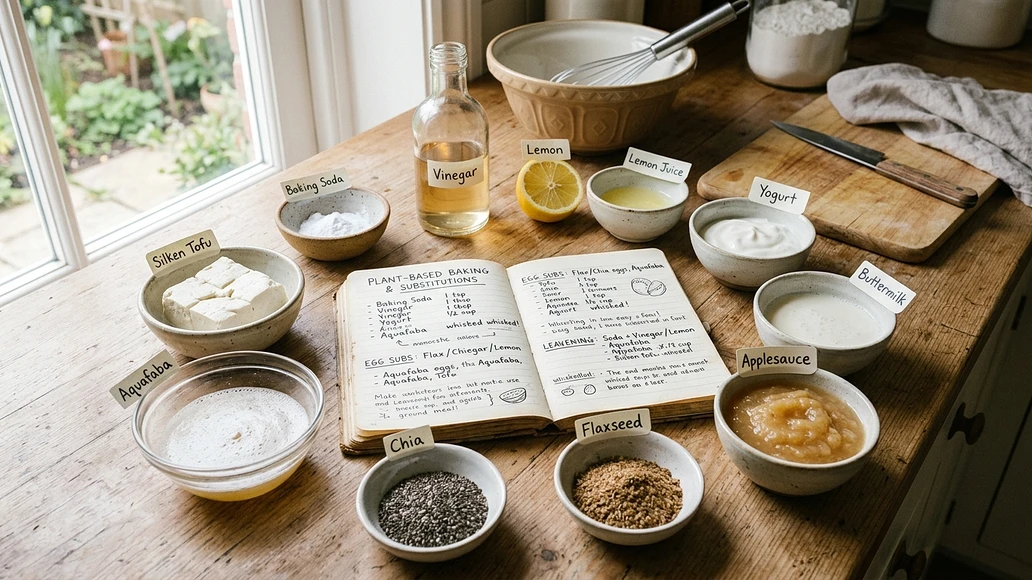 Common egg substitute ingredients arranged on a kitchen counter