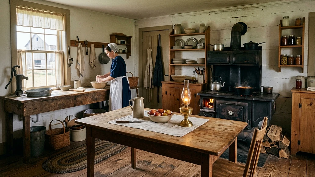 Simple farmhouse kitchen with wood heat and non electric lighting