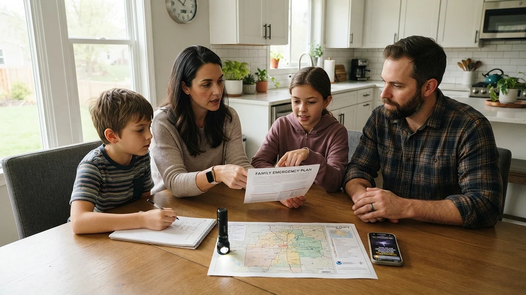 Family reviewing an emergency plan at the kitchen table