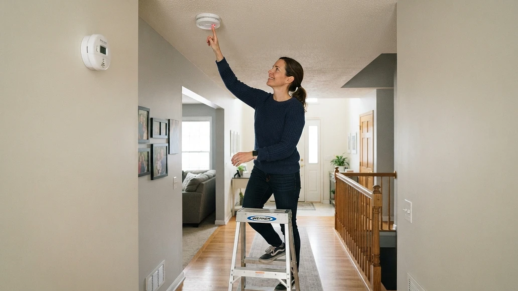 Adult testing a smoke alarm during a home safety check