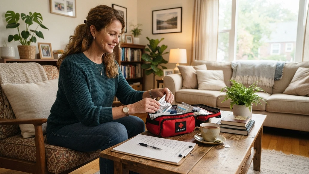 Person calmly organizing an emergency kit and checklist at home