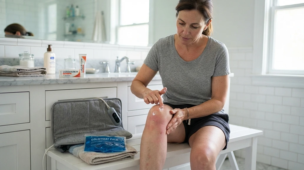 Applying topical pain relief to a sore knee