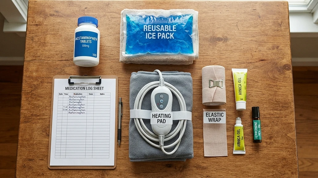 Home pain relief kit with non-drug tools and medications