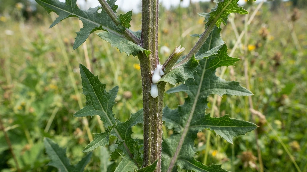 Close-up of wild lettuce stem showing milky sap for plant identification