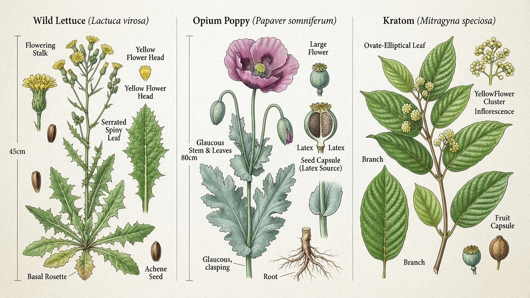 Botanical comparison of wild lettuce, opium poppy, and kratom