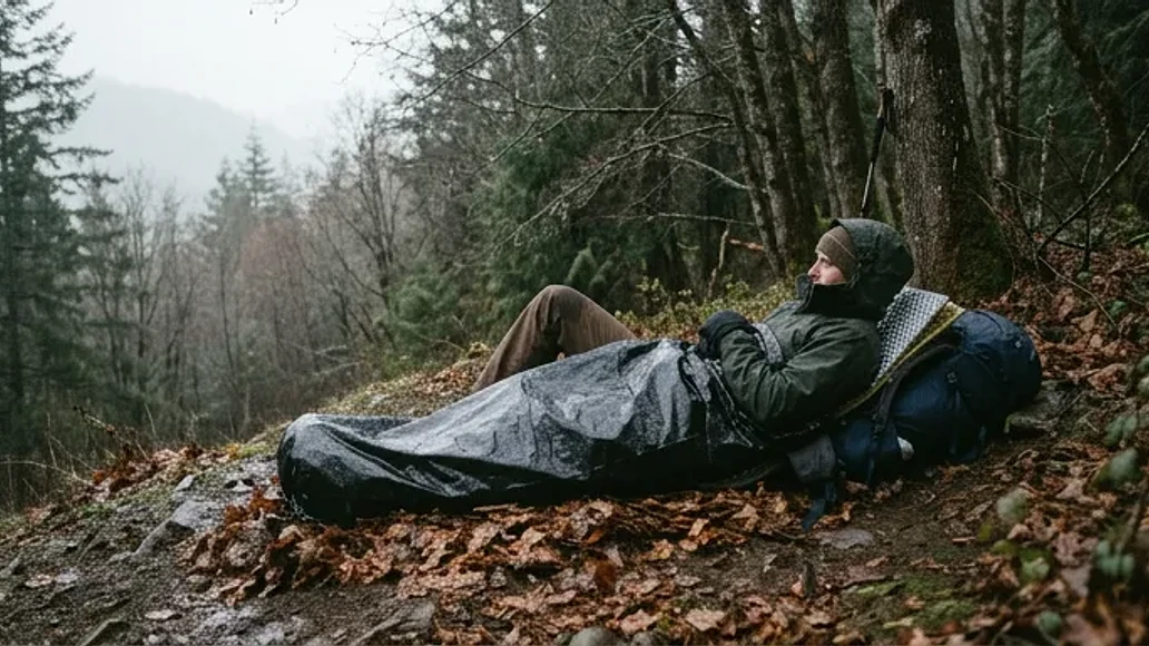 Hiker using a heavy duty contractor bag as an emergency bivy in cold wet weather