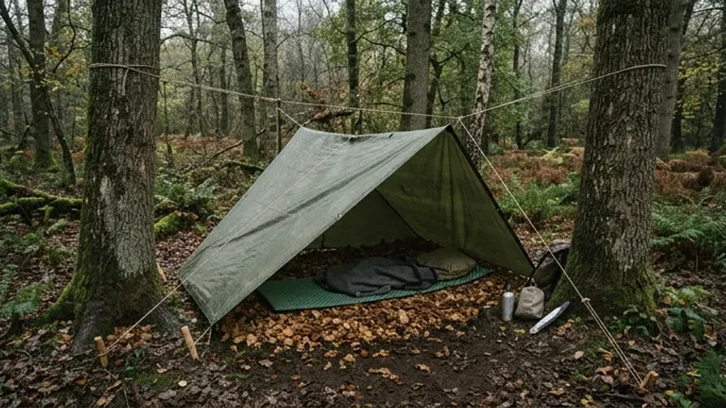 Low tarp A-frame shelter built between two trees with ground insulation