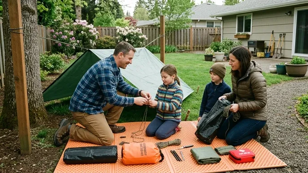 Family practicing simple emergency shelter setup in a backyard