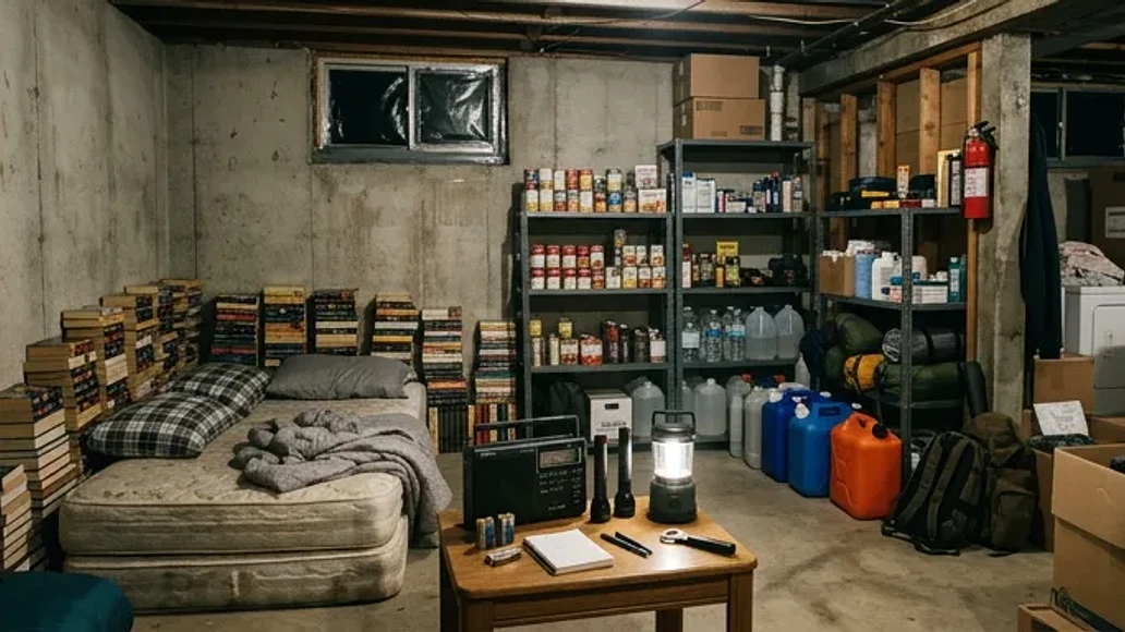 A home basement arranged as a practical fallout shelter with supplies and added shielding.