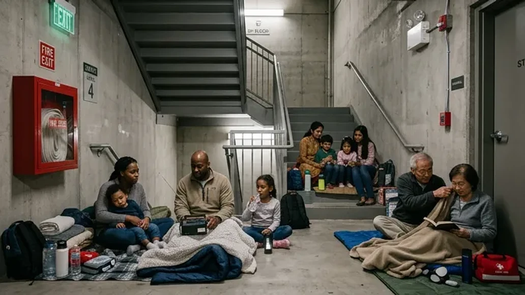 Residents sheltering in an interior apartment stairwell during an emergency.