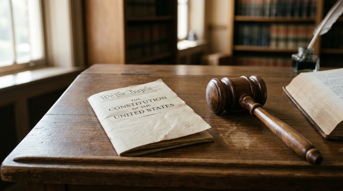 U.S. Constitution booklet and legal references on a desk