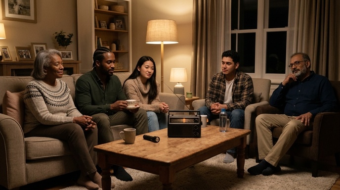 Family listening to emergency information on a battery radio at home