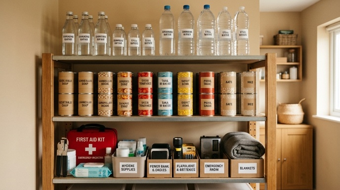 Organized pantry with water, canned goods, and emergency supplies