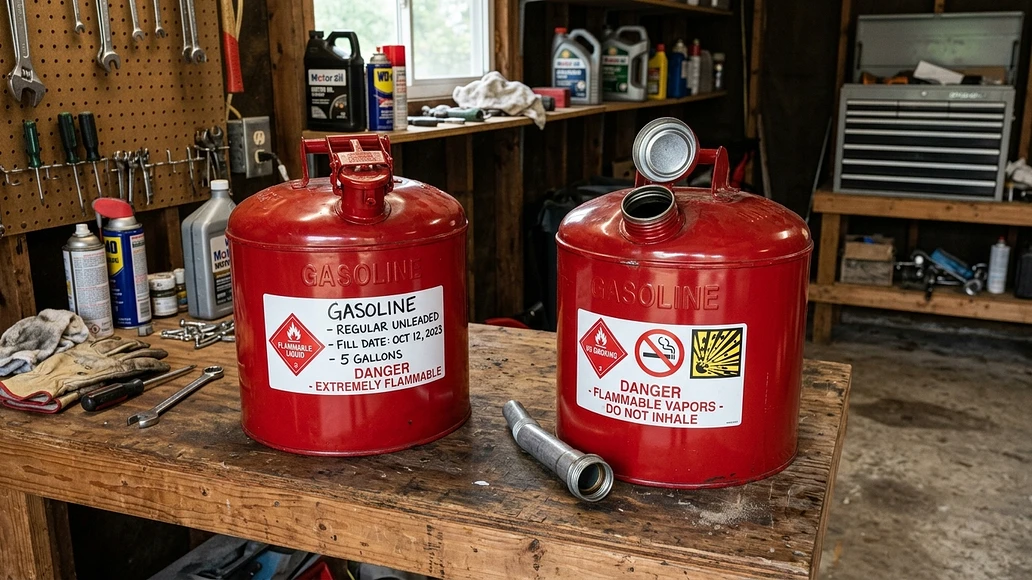 Comparison of a properly sealed gas can and an improperly open can with extra headspace