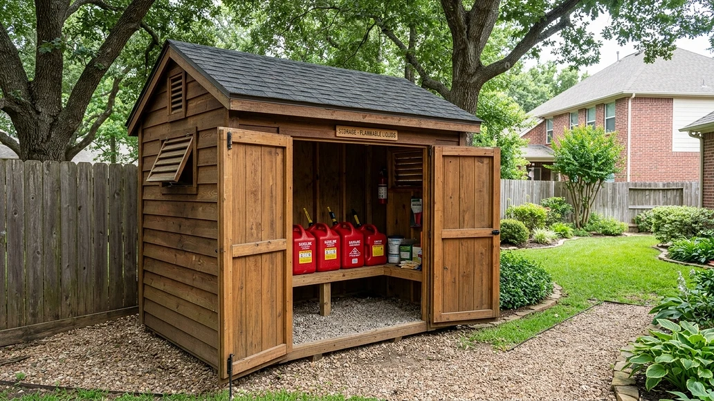 Approved gasoline cans stored safely in a detached shed