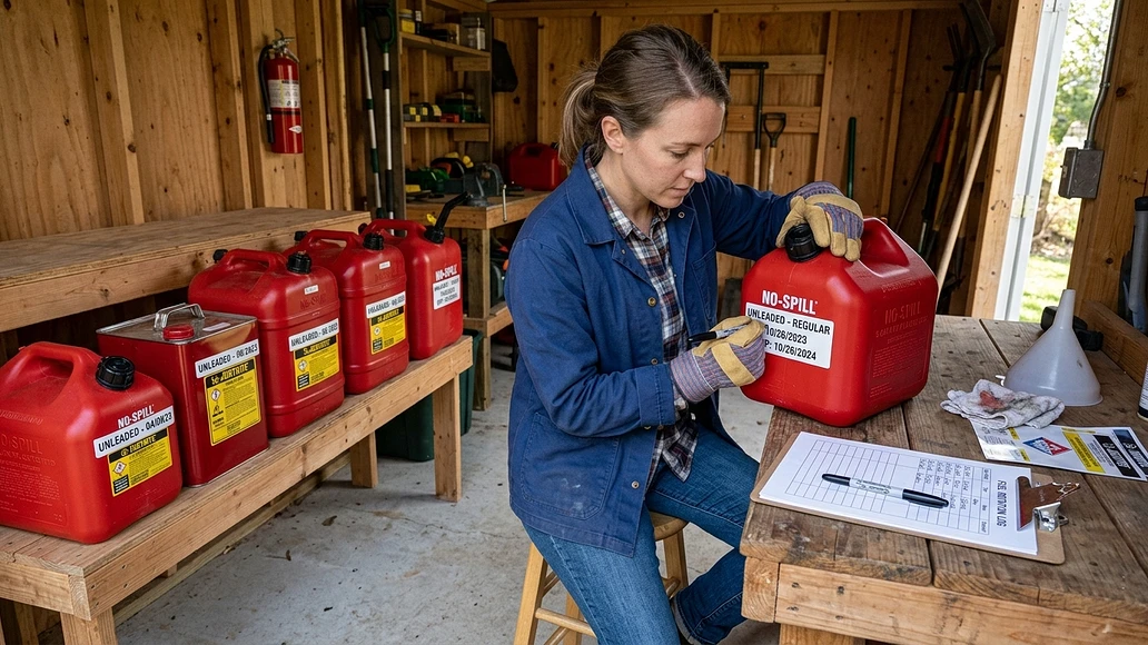 Labeling and rotating stored gasoline cans by date