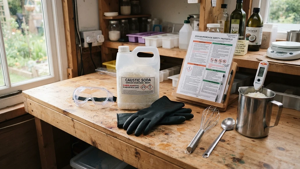 Lye safety setup on a homestead workbench