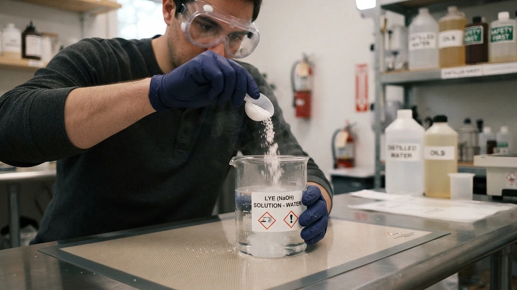 Adding lye to water safely in a controlled setup