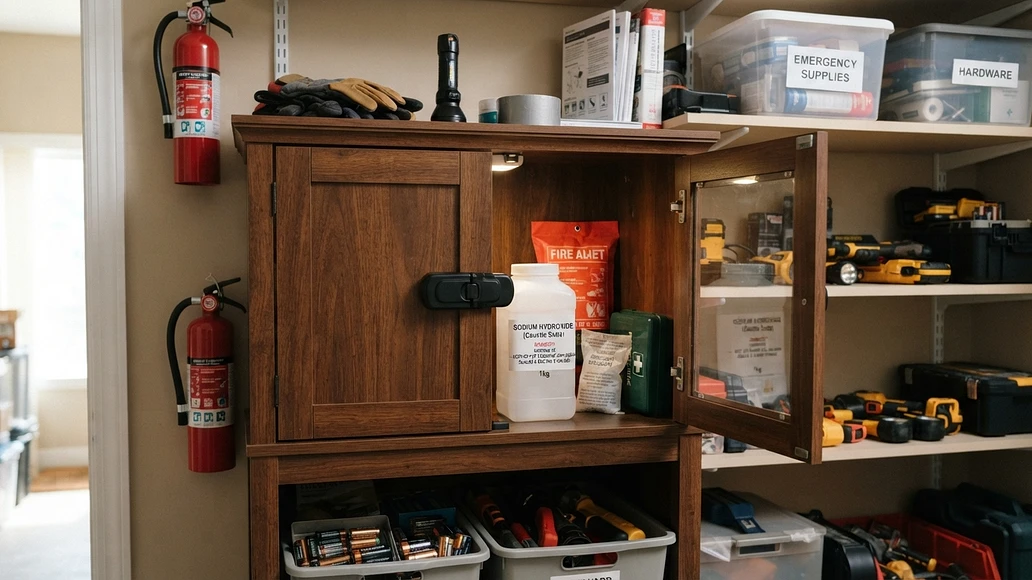 Safe storage of lye powder in a labeled dry cabinet