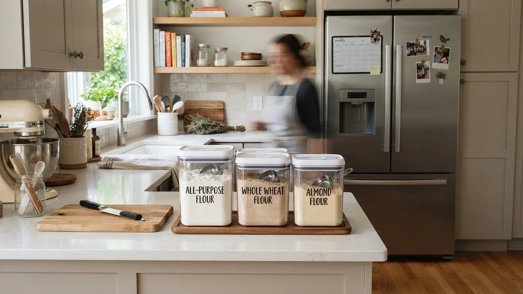 Airtight flour containers arranged in a home kitchen for pantry and cold storage