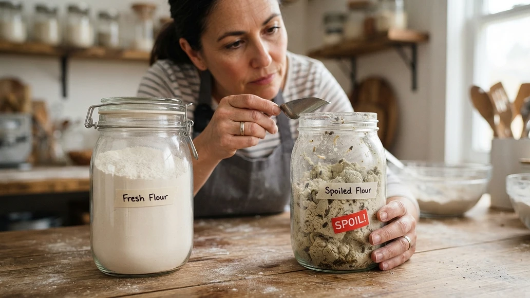 Inspecting flour for spoilage signs such as clumping and pests