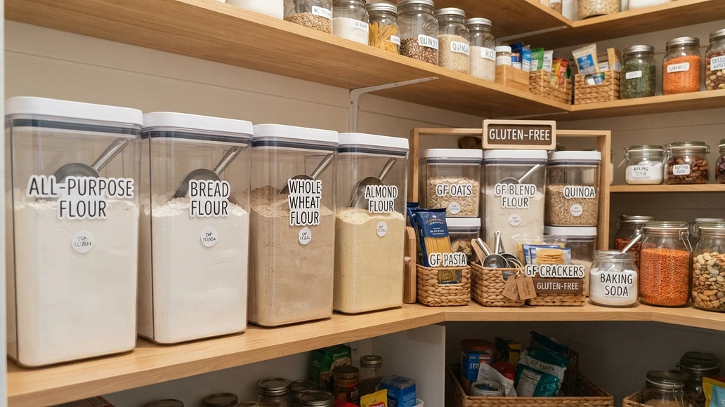 Organized pantry with labeled flour containers and separate gluten-free storage