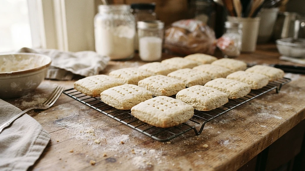 Freshly baked hardtack cooling on a rack after baking