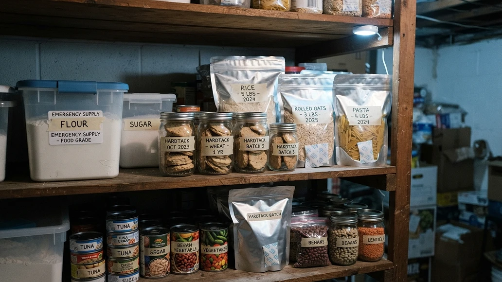 Hardtack stored in jars and long term food storage packaging on pantry shelves
