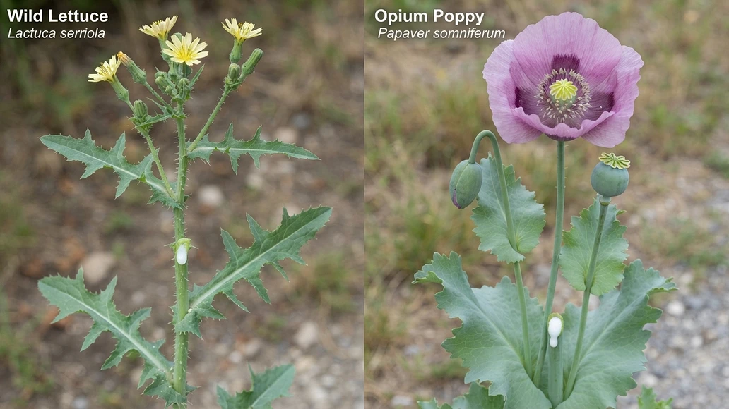 Botanical comparison of wild lettuce and opium poppy
