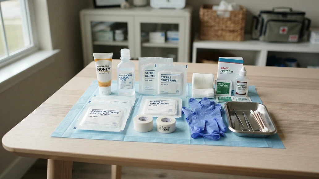 Medical-grade honey wound care supplies arranged for safe dressing changes