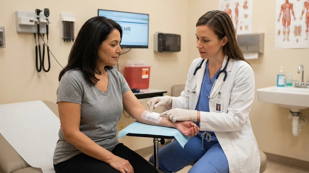 Clinician checking a wound and discussing when home care should stop