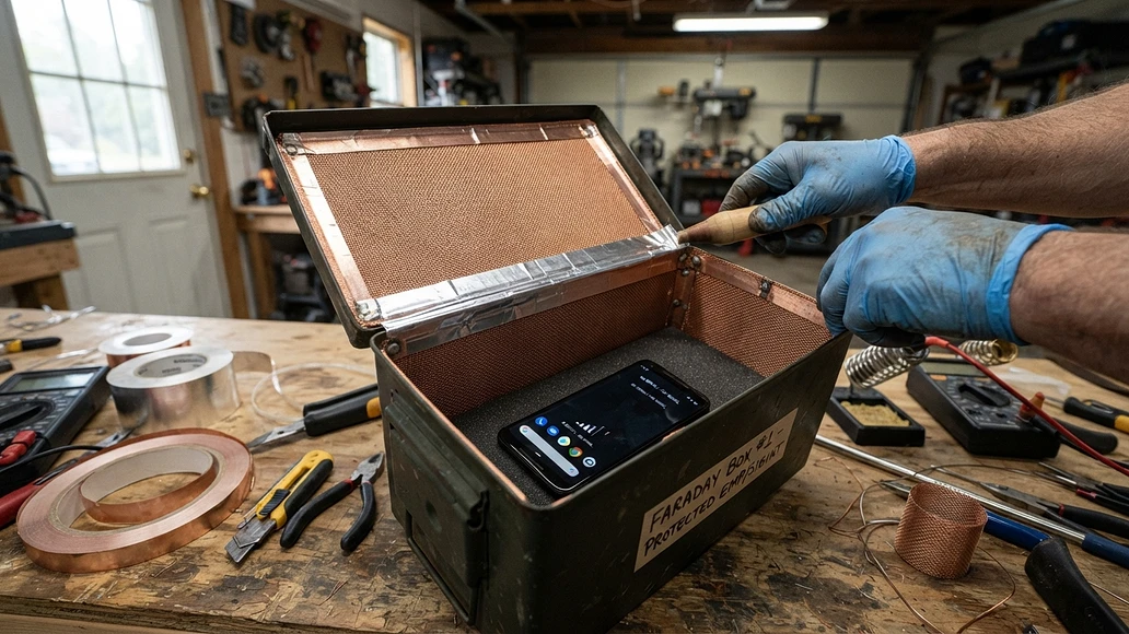 DIY Faraday box with sealed seams and conductive materials on a workbench