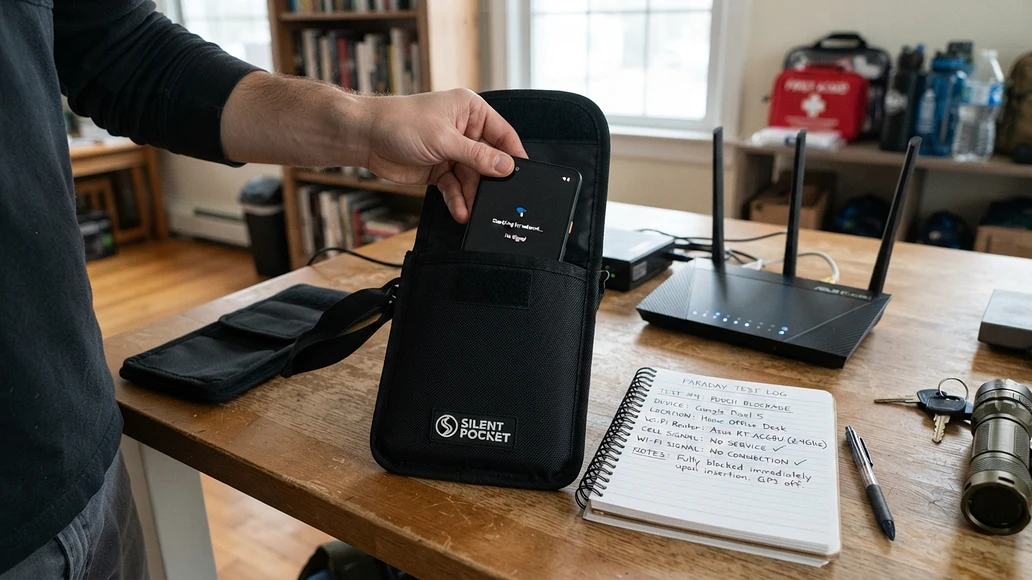 Testing a Faraday pouch with a smartphone near a Wi-Fi router