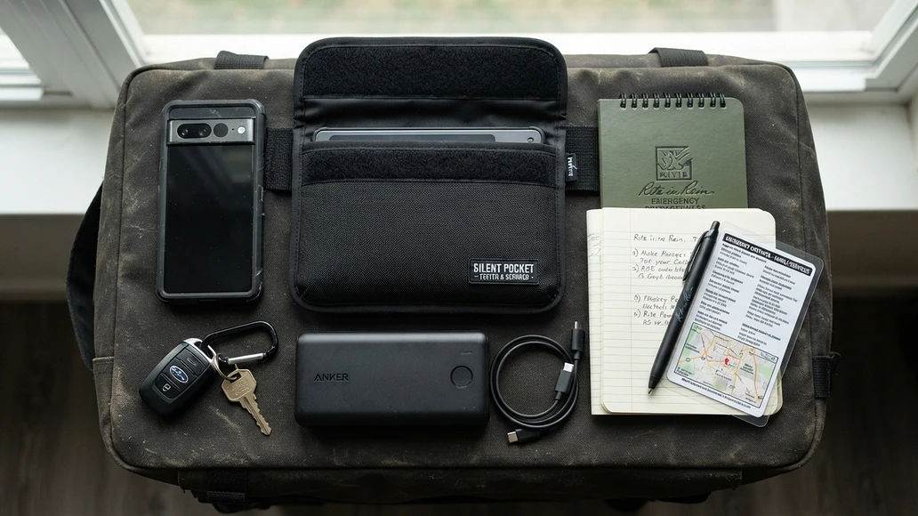 Preparedness gear layout with a Faraday bag, phone, key fob, and emergency supplies