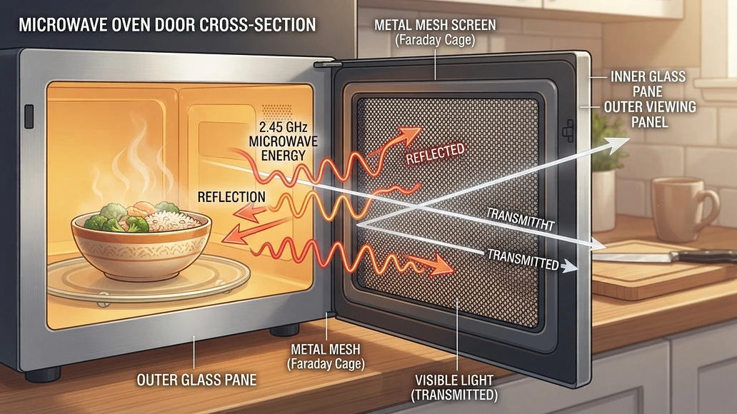 Close-up of microwave door mesh showing how the screen blocks cooking microwaves while letting light through