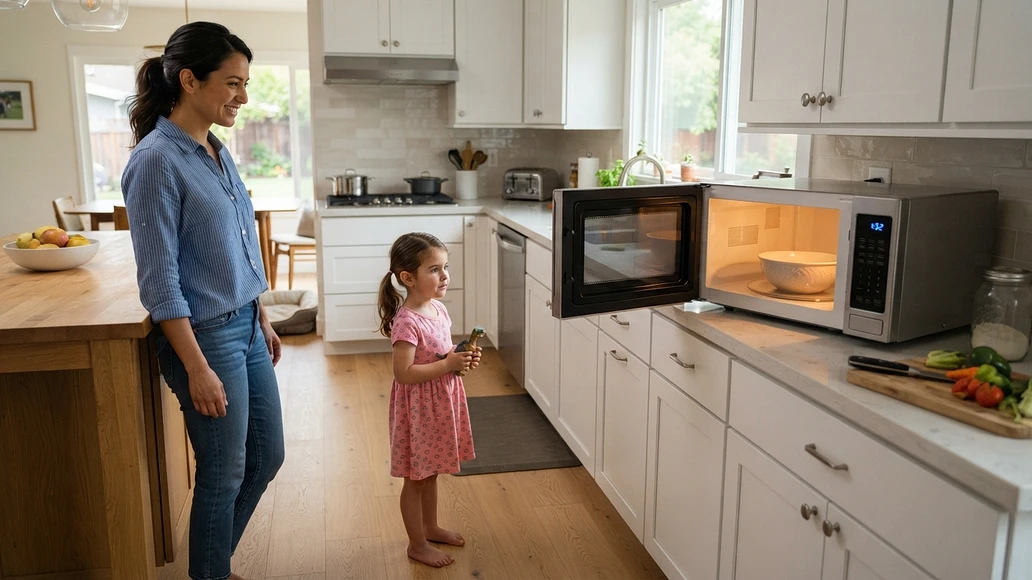 Adult standing a safe distance from a running microwave in a family kitchen
