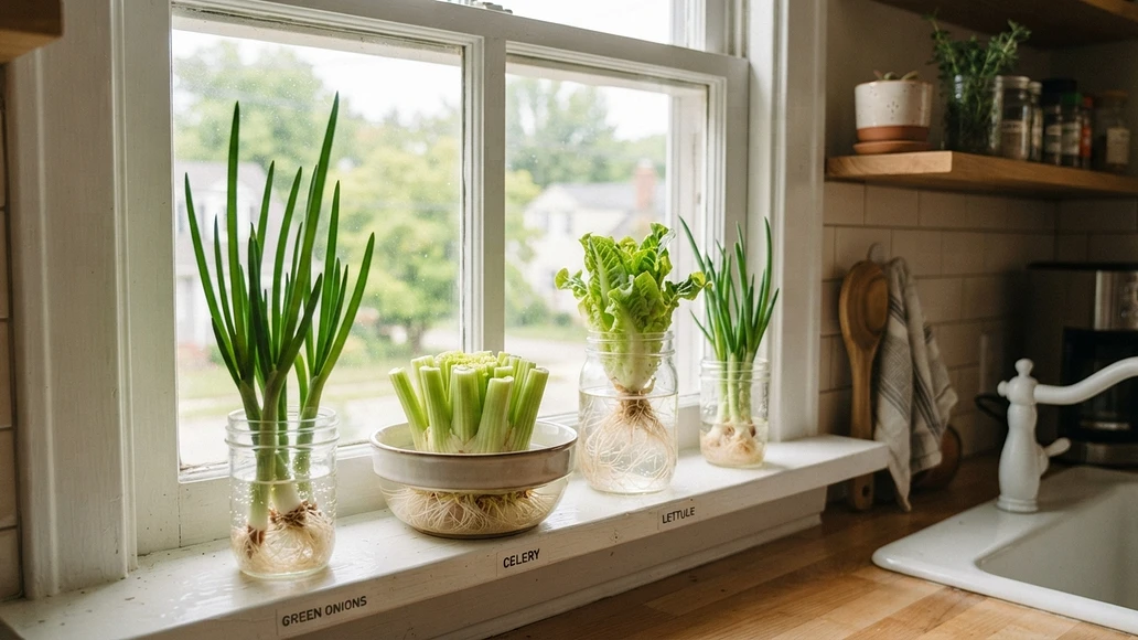 Green onions, celery, and lettuce scraps regrowing on a sunny windowsill