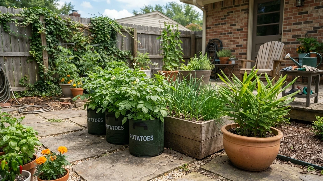 Potatoes, garlic, and ginger growing in containers and planters