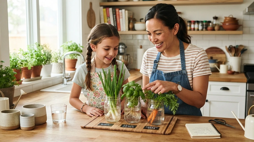 A child and adult checking regrown kitchen scraps in jars on a kitchen counter