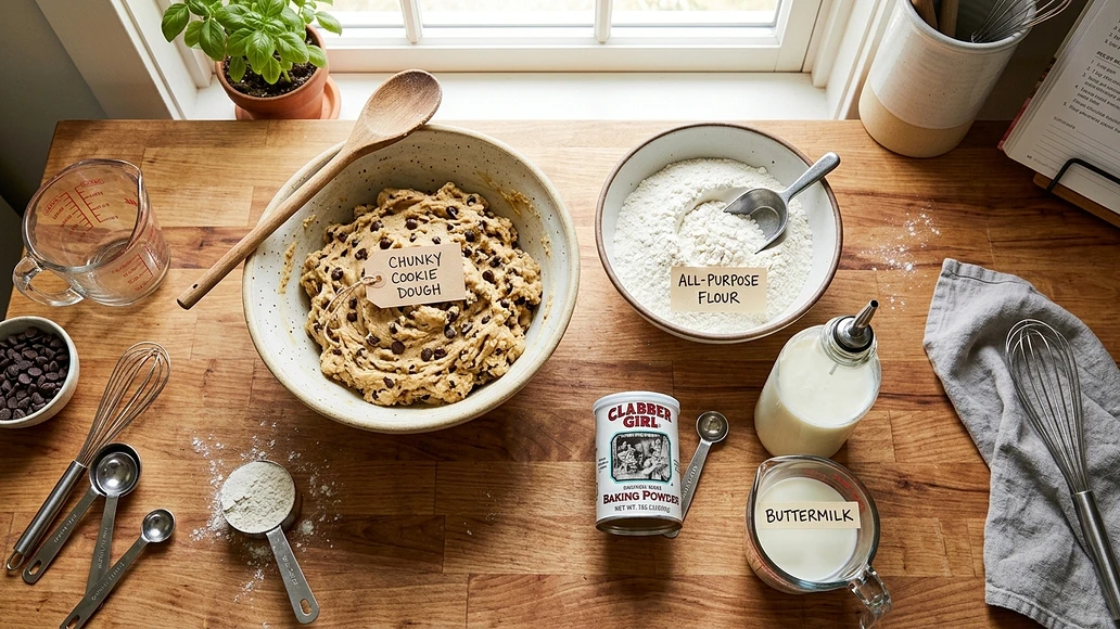 Baking ingredients arranged to show a baking powder substitution setup