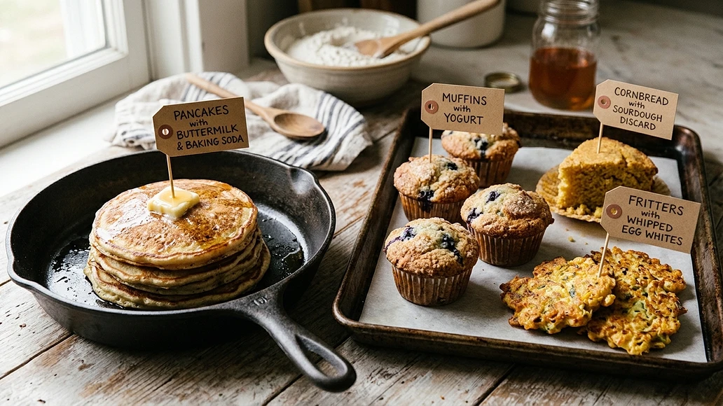 Different baked and fried foods showing where baking soda substitutes work best