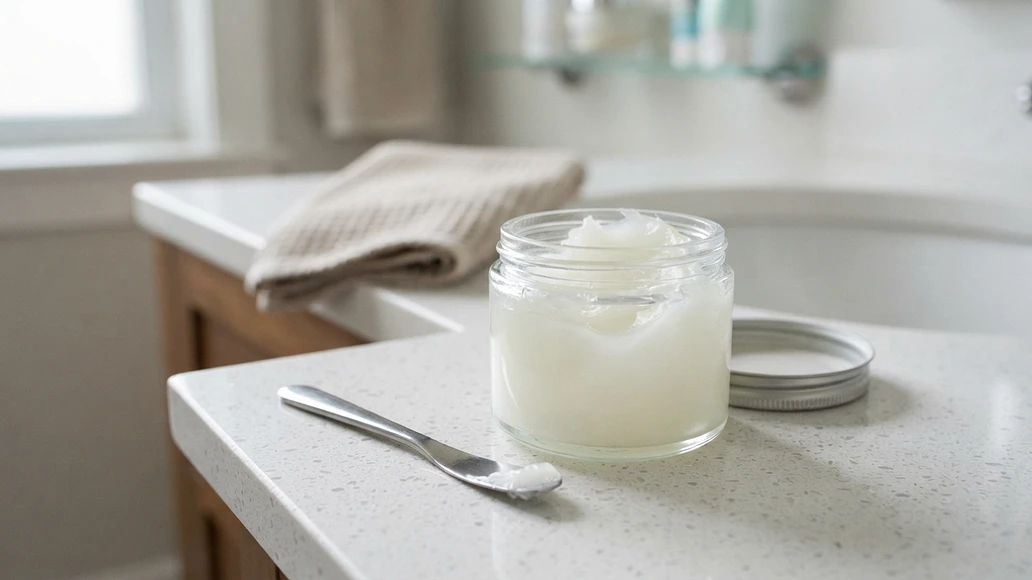 Open jar of petroleum jelly stored cleanly with a spatula