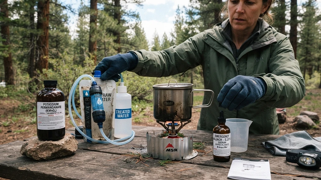 Preparedness table with potassium permanganate stored separately from safer water treatment options