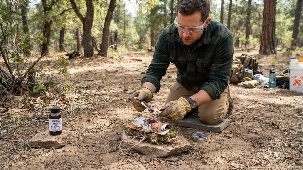 Safe outdoor demonstration of potassium permanganate fire starting with protective gear