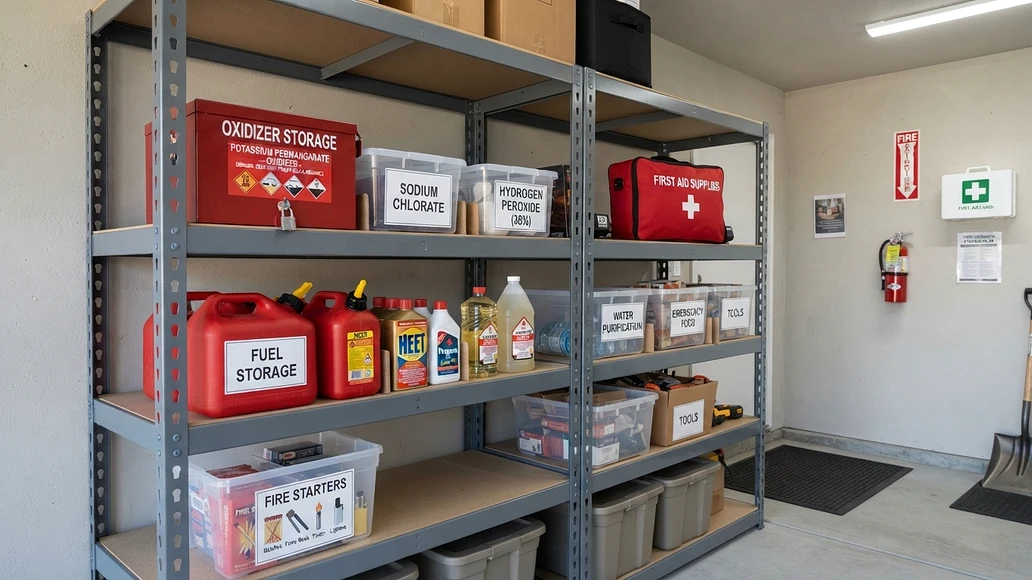 Proper home storage setup for potassium permanganate with clear labels and separation from fuels