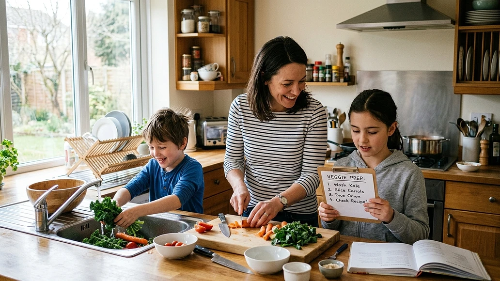 Parent teaching children life skills during meal preparation in a home kitchen