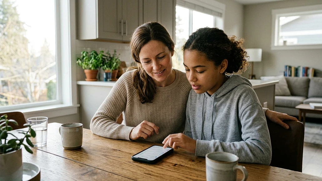 Parent teaching a teenager digital safety and privacy settings on a smartphone