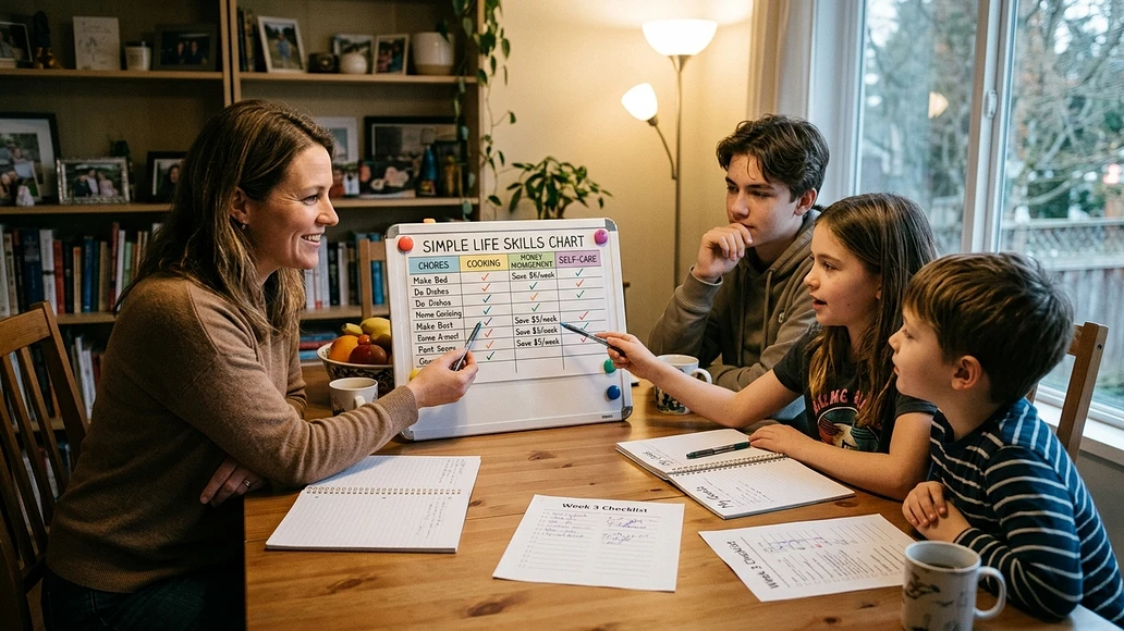 Family reviewing a life skills progress chart together at home