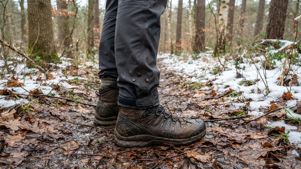 Hiker walking near snowy leaf litter where winter tick exposure can still happen