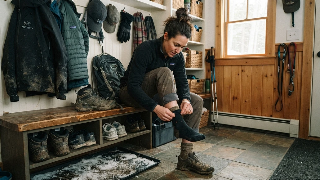 Person performing a winter tick check on clothing after coming indoors